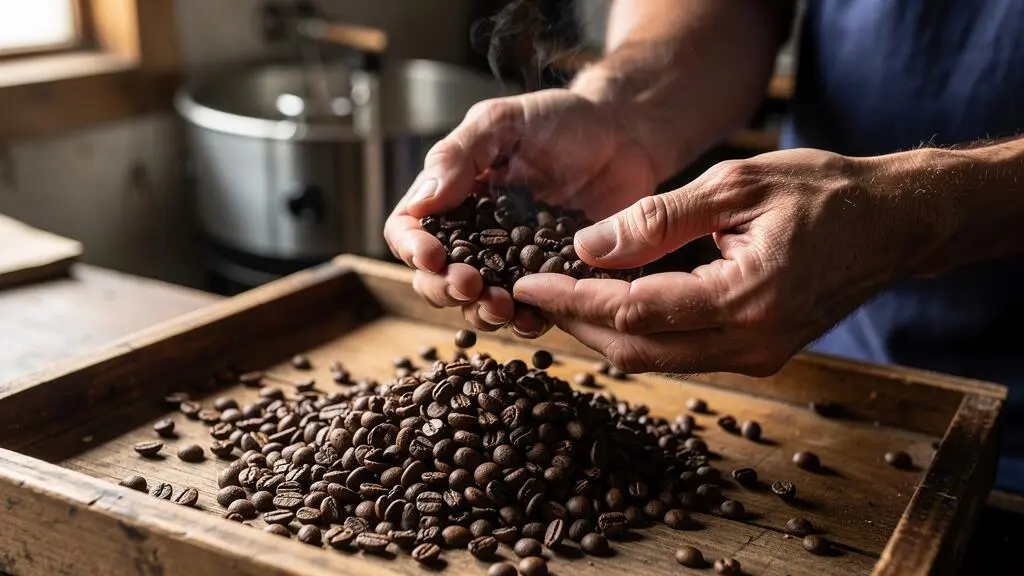 Mains d'un torréfacteur examinant des grains de café fraîchement torréfiés sur un plateau de refroidissement