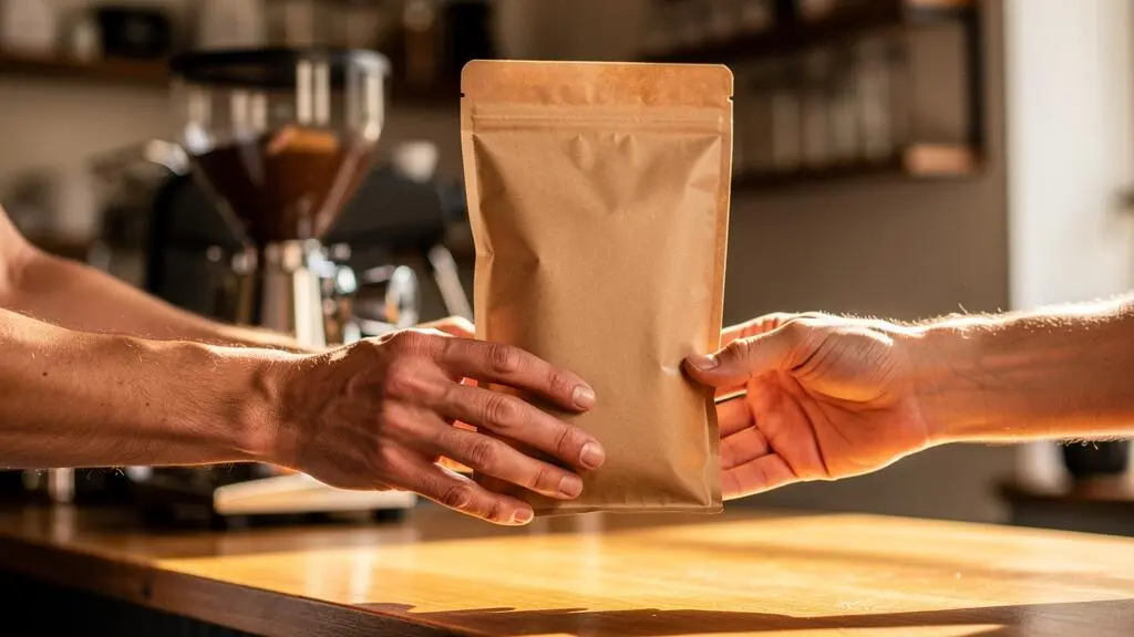 Personne utilisant un moulin à café manuel dans une cuisine domestique avec des grains de café à proximité