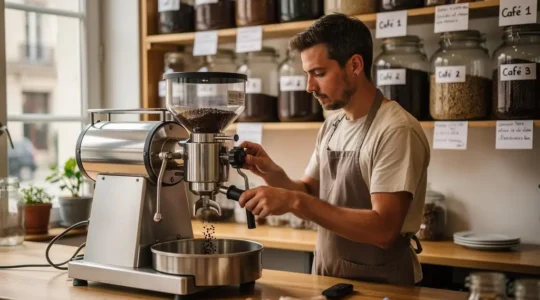 Torréfacteur utilisant un moulin professionnel pour moudre du café à la demande dans une torréfaction artisanale