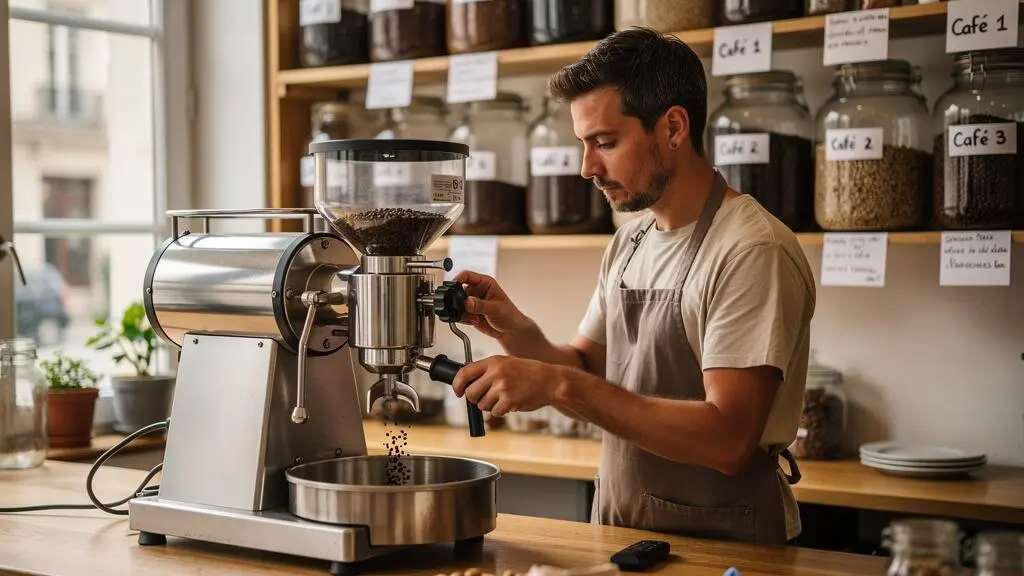 Torréfacteur utilisant un moulin professionnel pour moudre du café à la demande dans une torréfaction artisanale