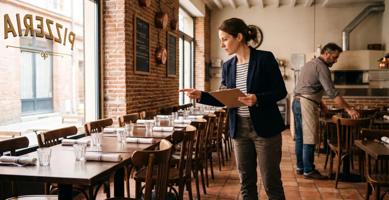 Une organisatrice compte les places assises d'une salle de pizzeria vide avant un événement.