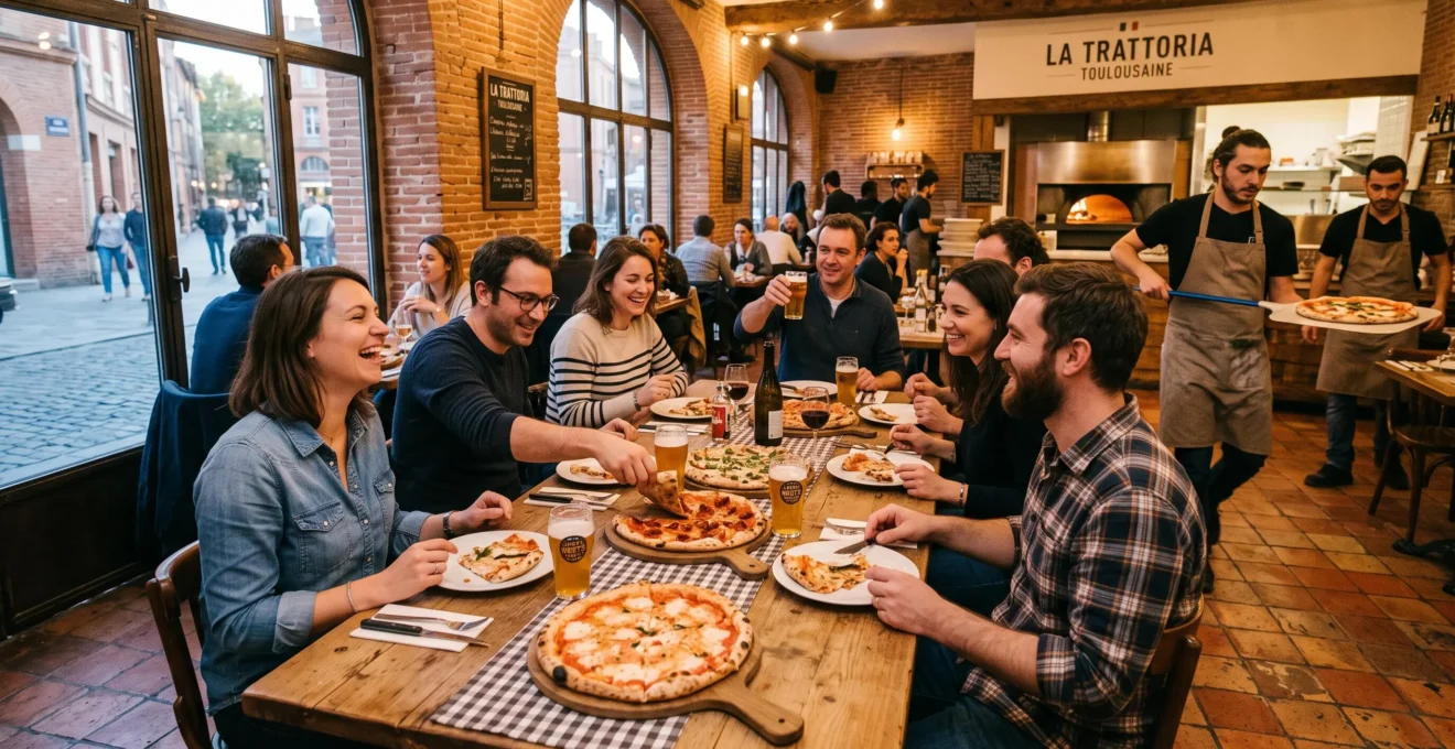 Une équipe partage des pizzas autour d'une grande table en bois dans une pizzeria chaleureuse.