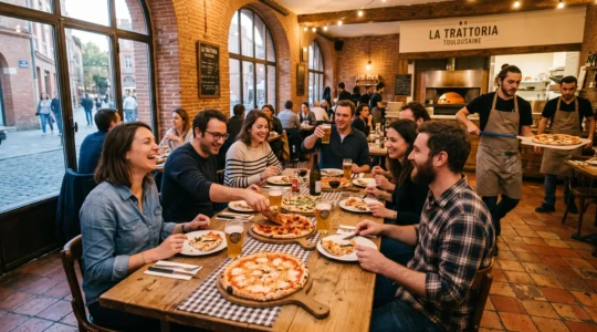 Une équipe partage des pizzas autour d'une grande table en bois dans une pizzeria chaleureuse.
