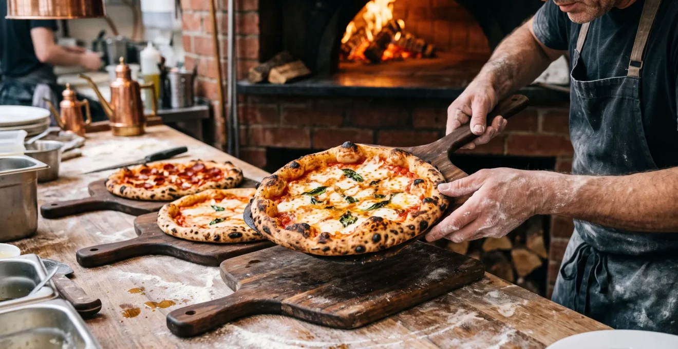 Un pizzaiolo dispose plusieurs pizzas sur des planches de service pour une commande de groupe.